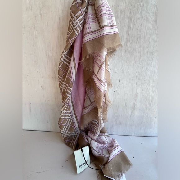 Burberry Check Wool & Silk Gauze Scarf- Archive Beige and Cherry - Picture 5 of 8